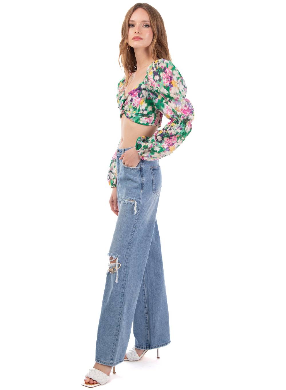 Le Volière Cropped top floreale manica lunga Economico