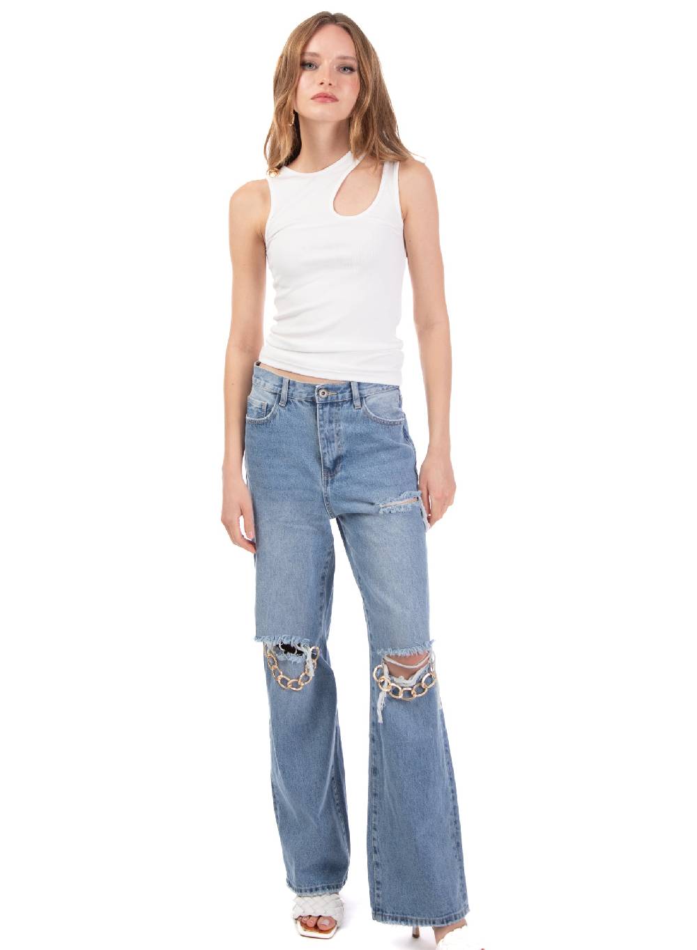 Le Volière Pantalone in denim con catene Online