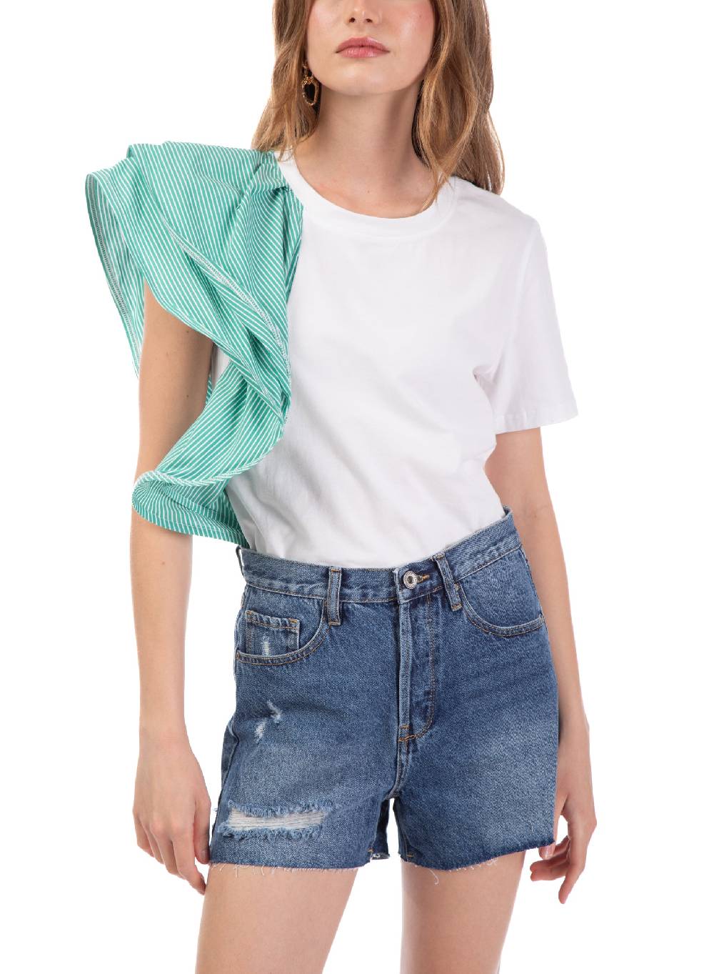 Le Volière T-shirt bianca con volant a righe Saldi