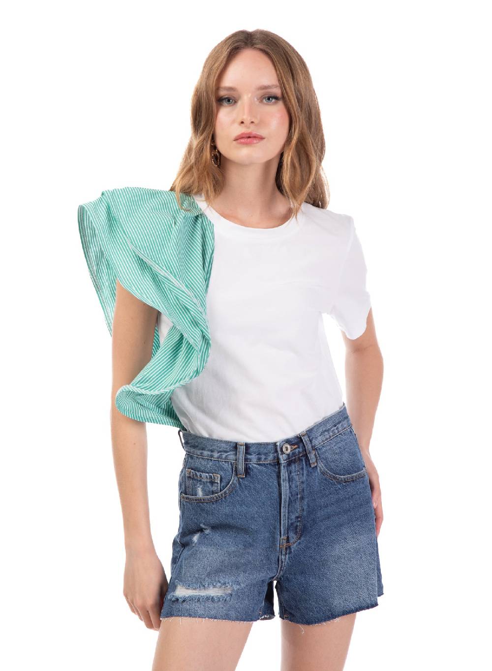 Le Volière T-shirt bianca con volant a righe Saldi