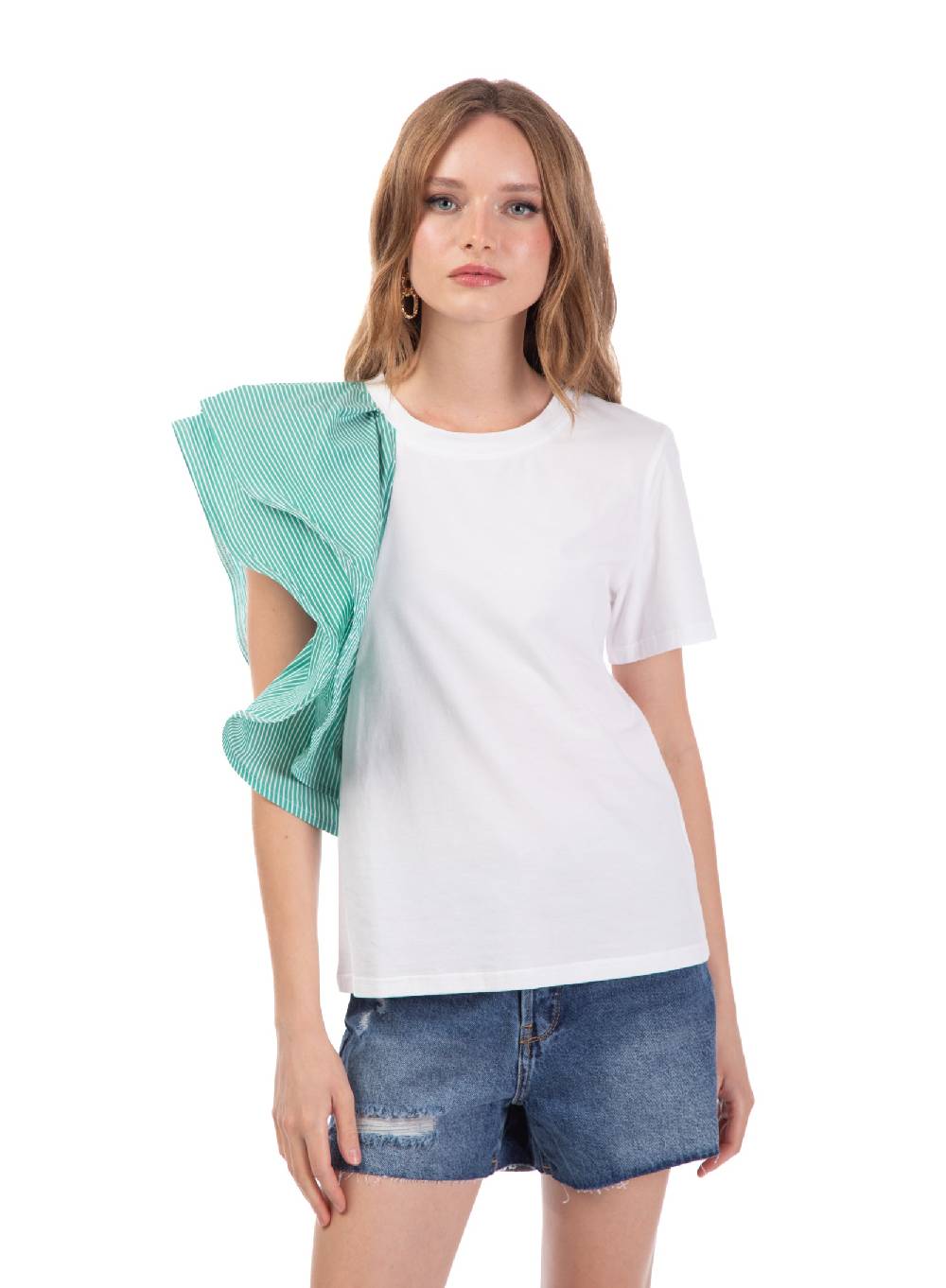 Le Volière T-shirt bianca con volant a righe Saldi