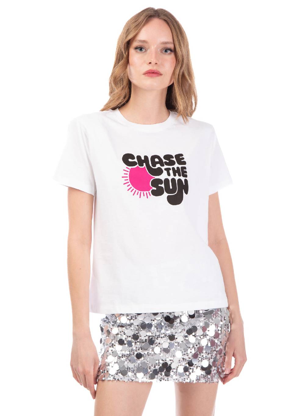 Le Volière T-shirt bianca 'Chase the sun' Saldi Di Fabbrica