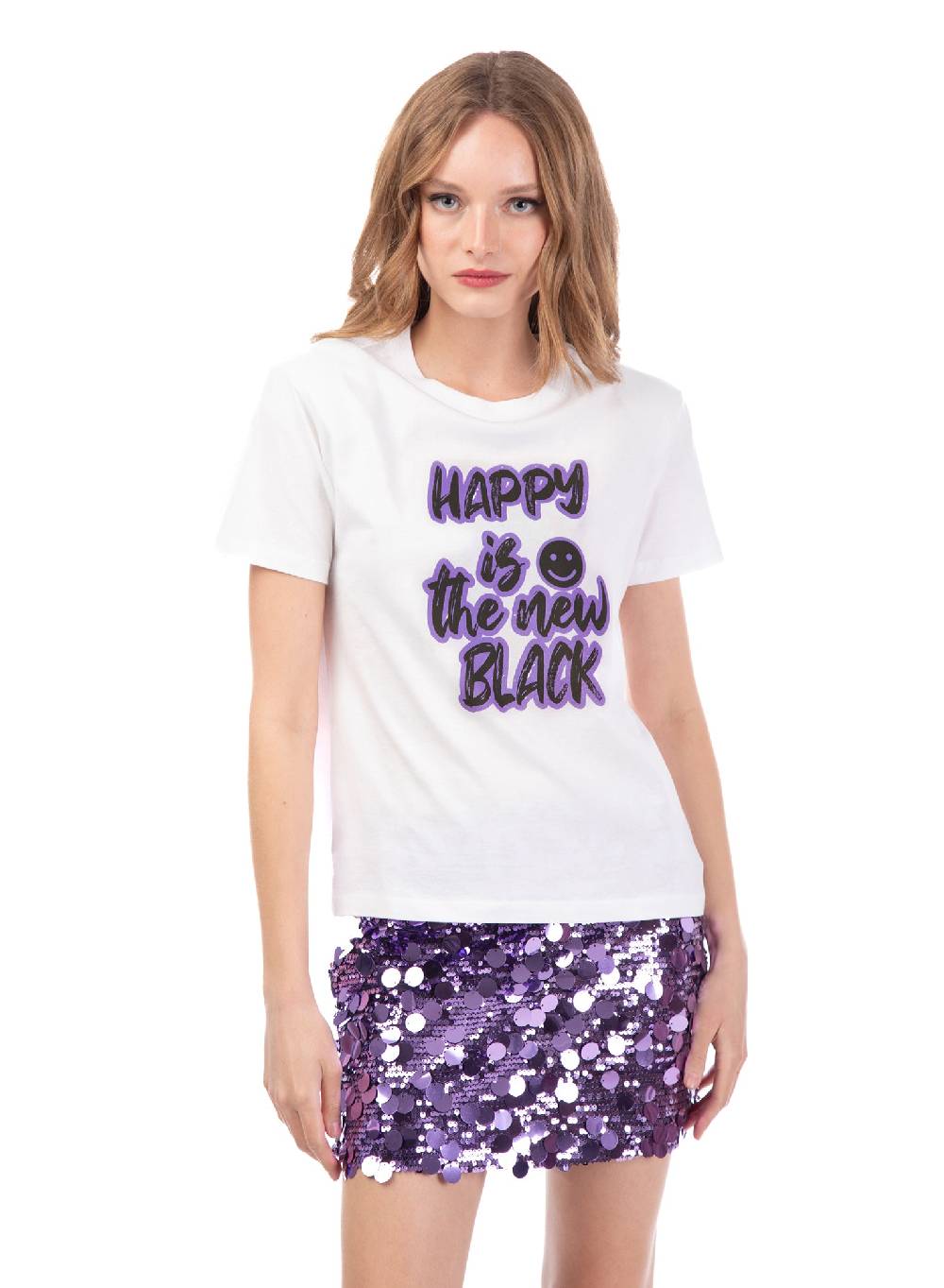 Le Volière T-shirt bianca 'Happy is the new black' Negozio
