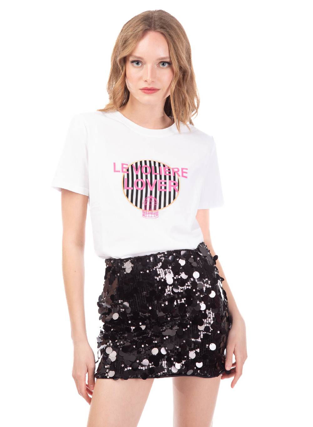 Le Volière T-shirt bianca con stampa rigata 'Le Volière' Moda