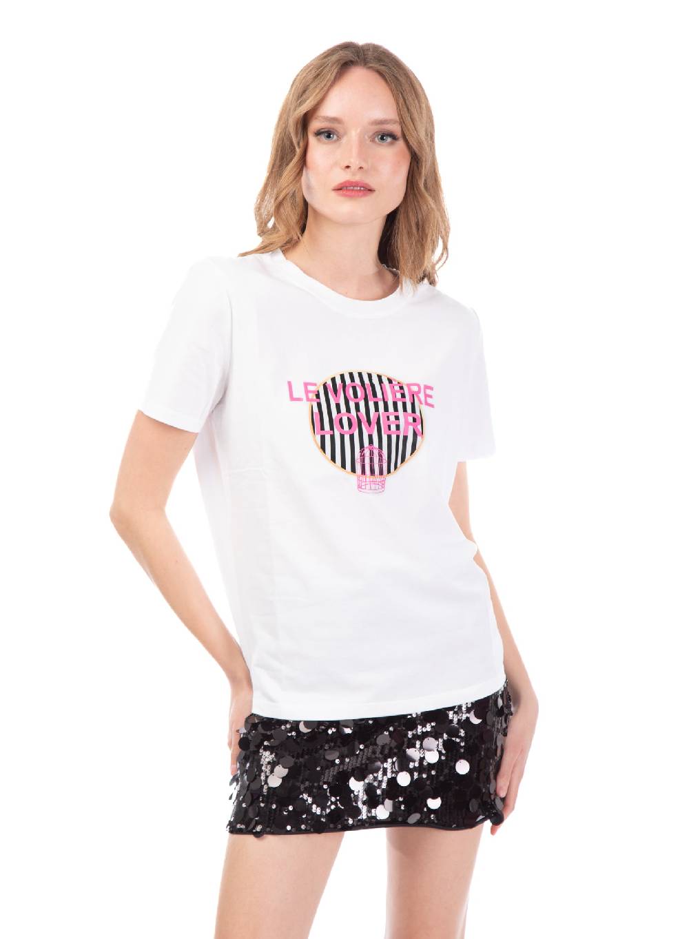 Le Volière T-shirt bianca con stampa rigata 'Le Volière' Moda