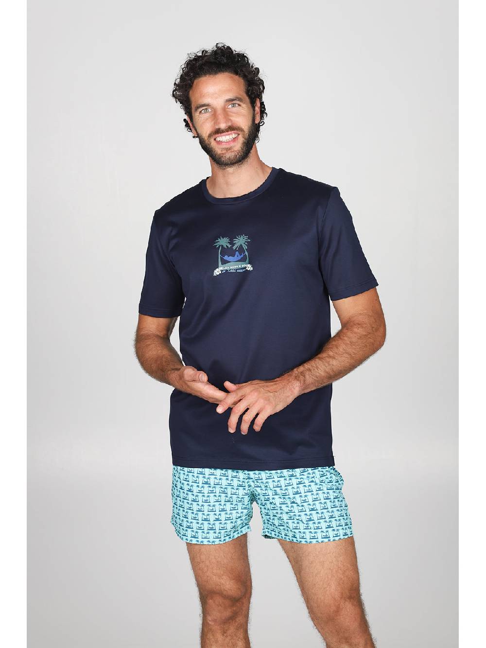 Julipet T-shirt in jersey di puro cotone blu, con stampa piazzata "palme" Promozione