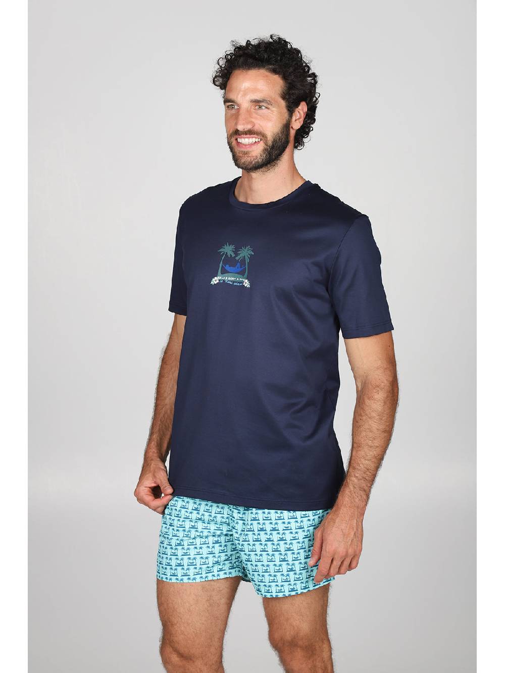 Julipet T-shirt in jersey di puro cotone blu, con stampa piazzata "palme" Promozione