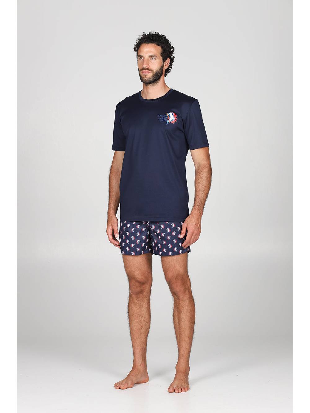 Julipet T-shirt in jersey di puro cotone blu, con stampa piazzata "indiano" Spedizione Gratuita