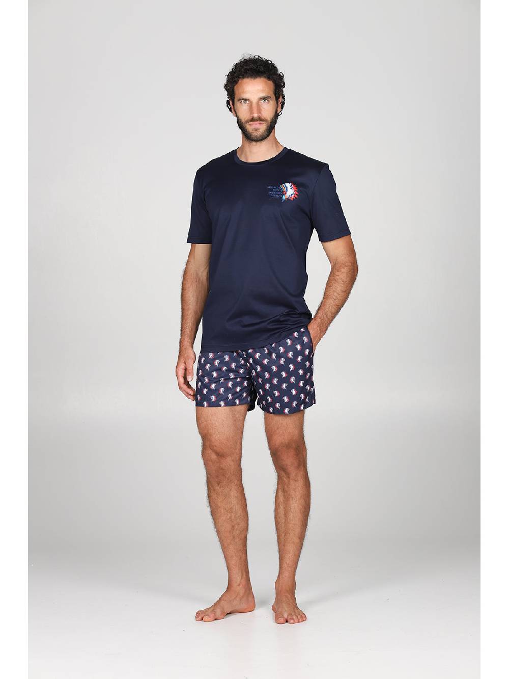 Julipet T-shirt in jersey di puro cotone blu, con stampa piazzata "indiano" Spedizione Gratuita