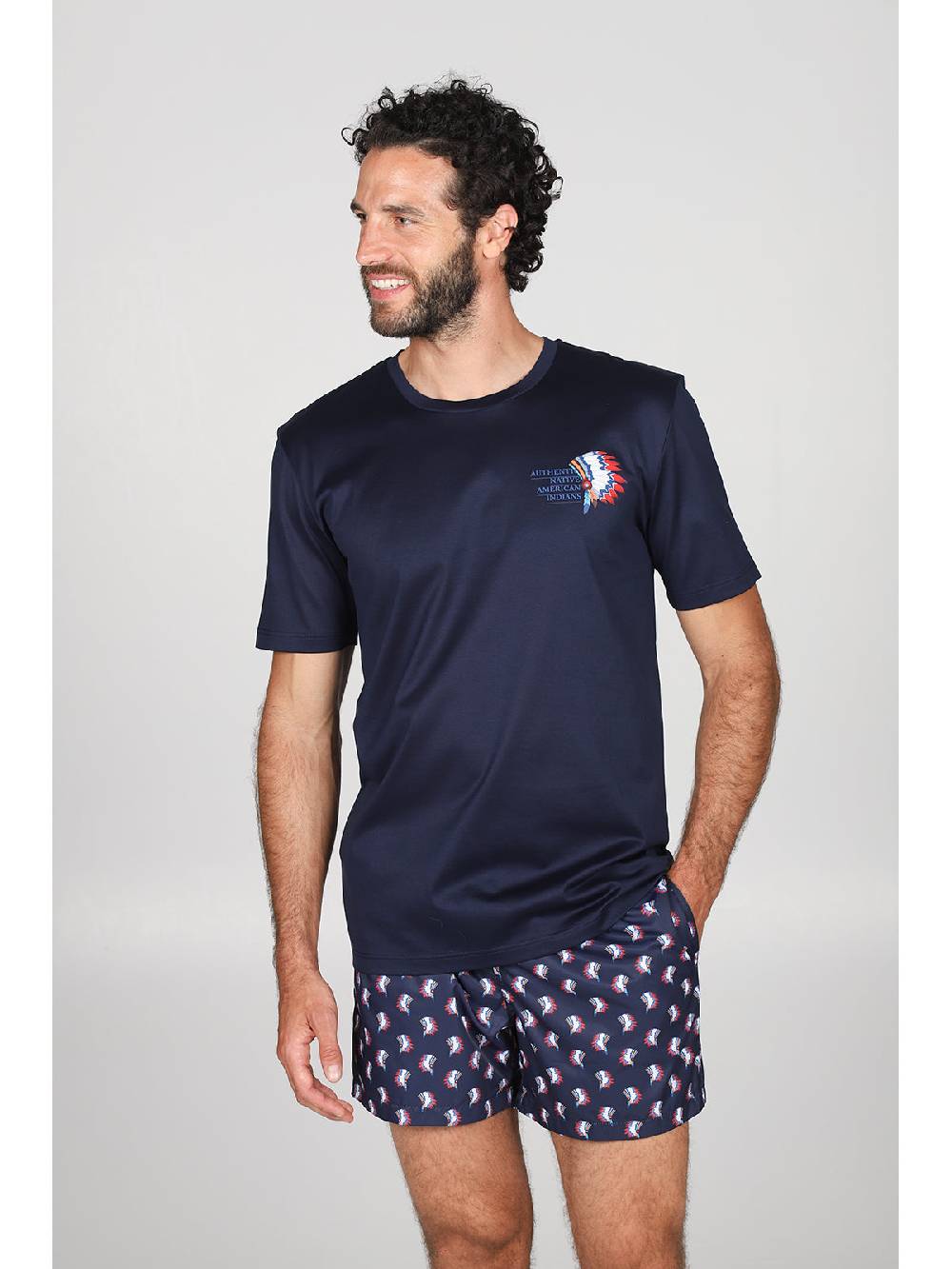 Julipet T-shirt in jersey di puro cotone blu, con stampa piazzata "indiano" Spedizione Gratuita