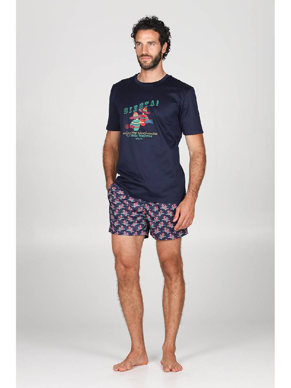 Julipet T-shirt in jersey di puro cotone blu, con stampa piazzata "siesta" Pezzi Unici