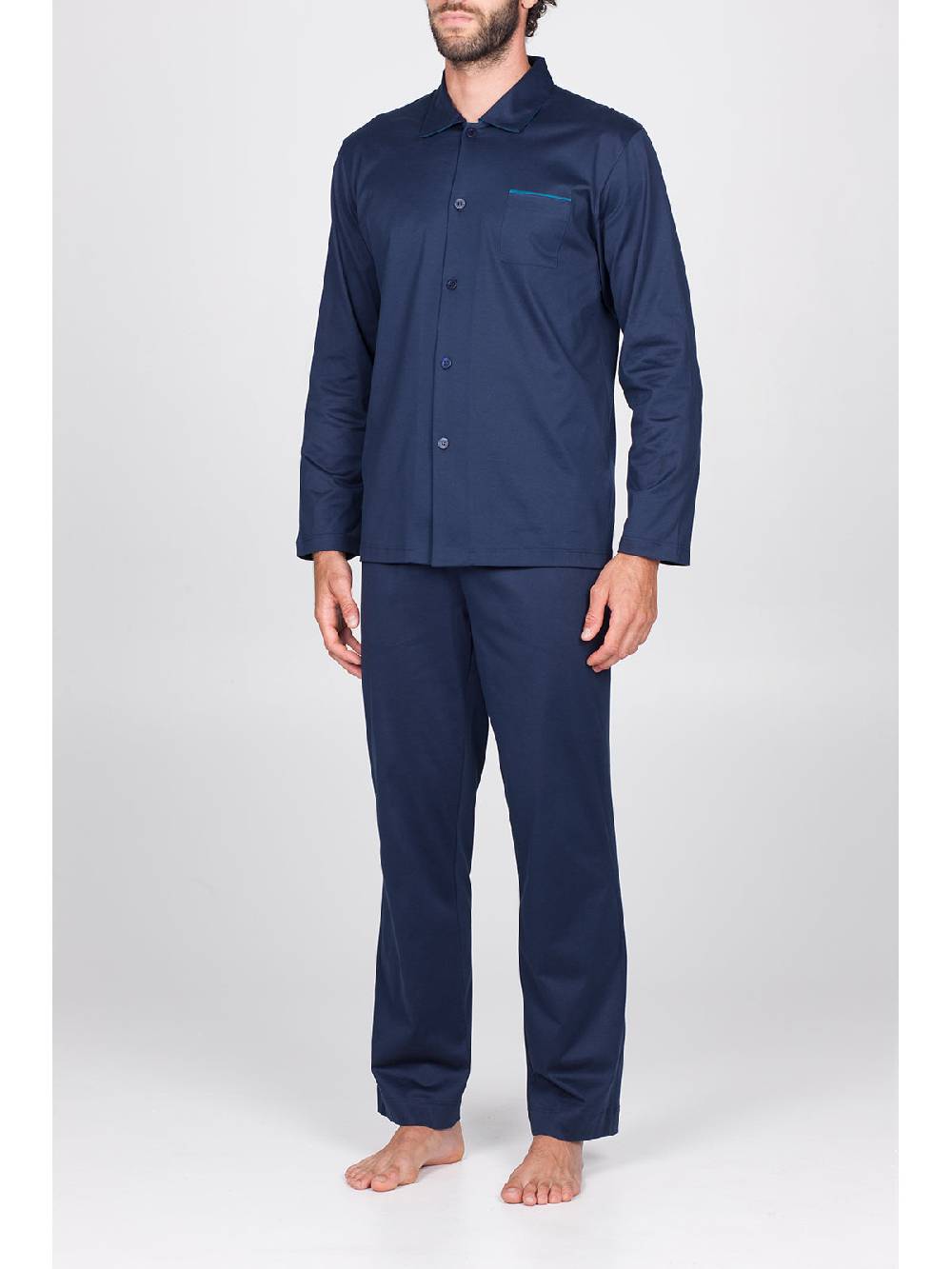 Julipet Pigiama aperto in setoso puro cotone mercerizzato blu, con colletto camicia Hotsell