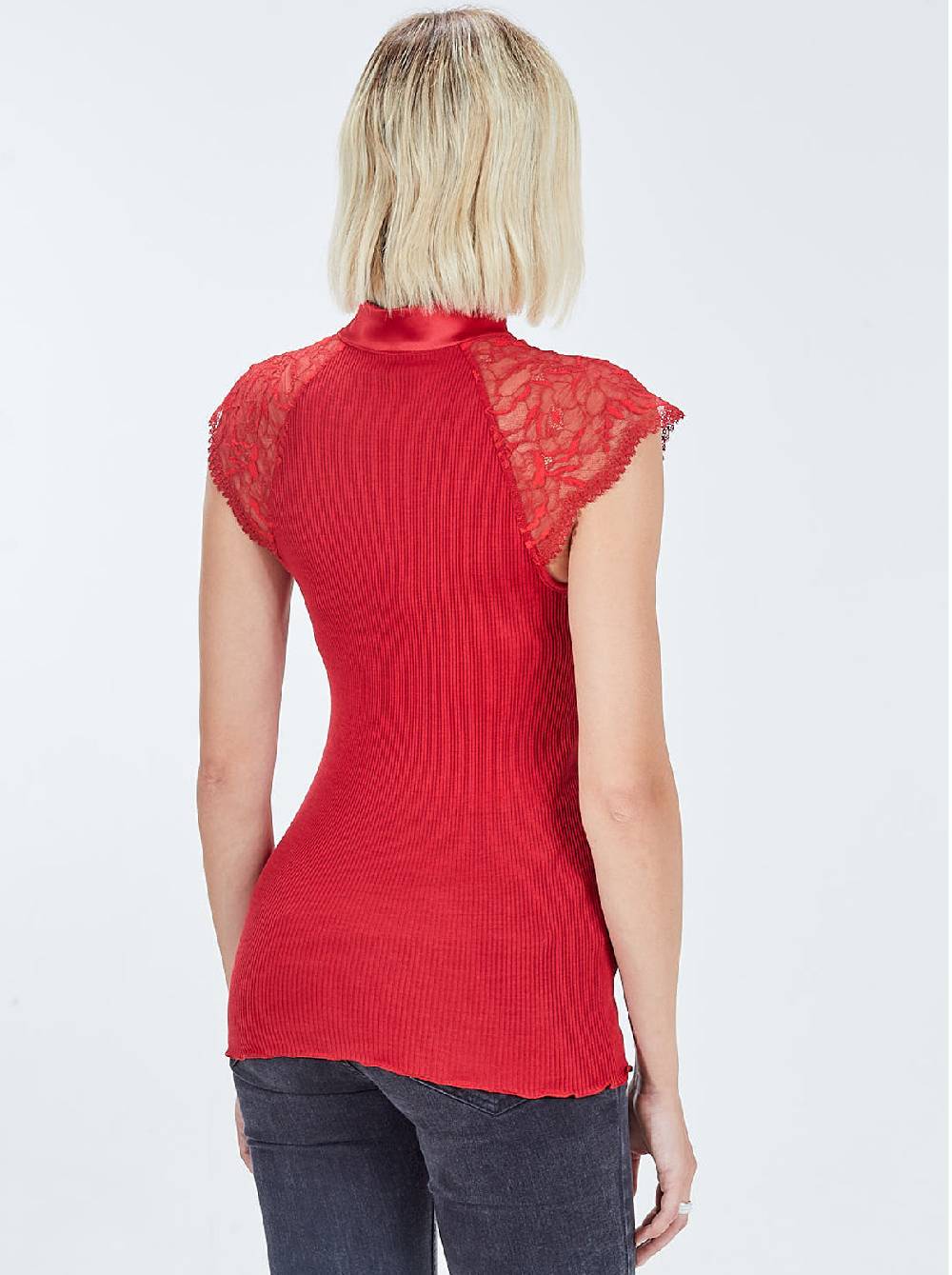 Oscalito Top smanicato con collo alla coreana in raso di pizzo chantilly 5866 Sconto