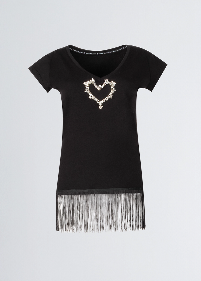 Paola T. T-shirt in cotone stretch con frange Offerte esclusive