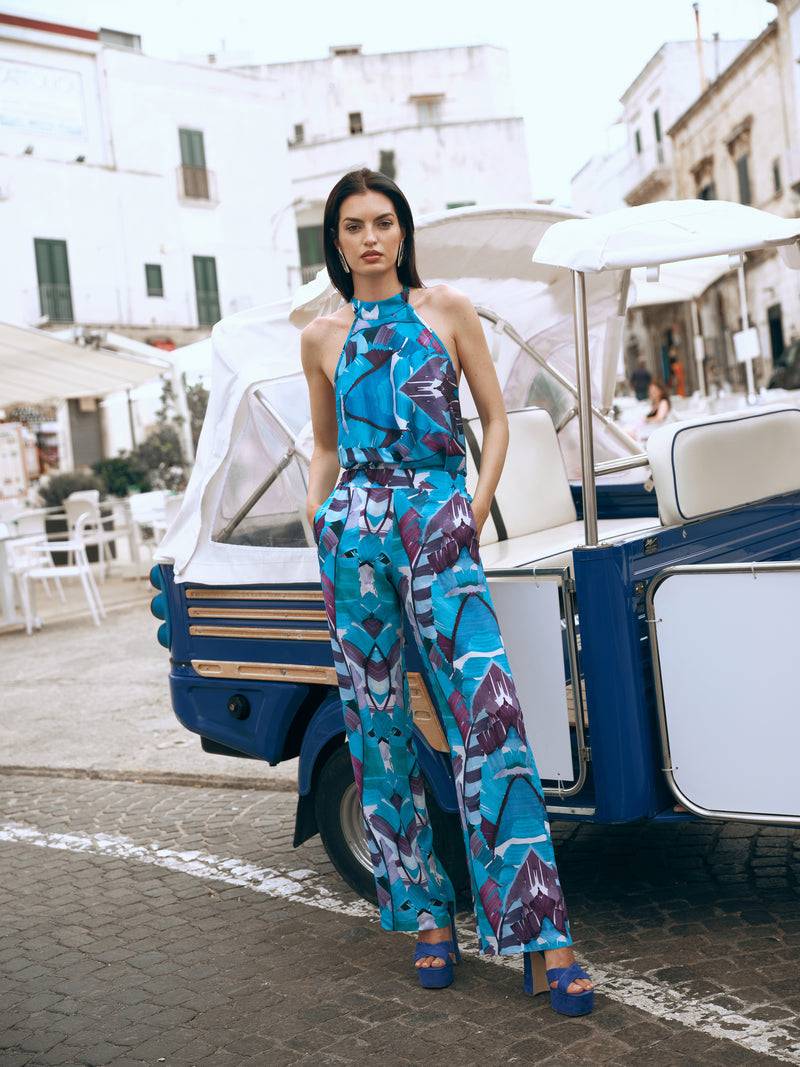 Paola T. Blusa in viscosa stampa Palm Blue 50% di sconto per tempo limitato