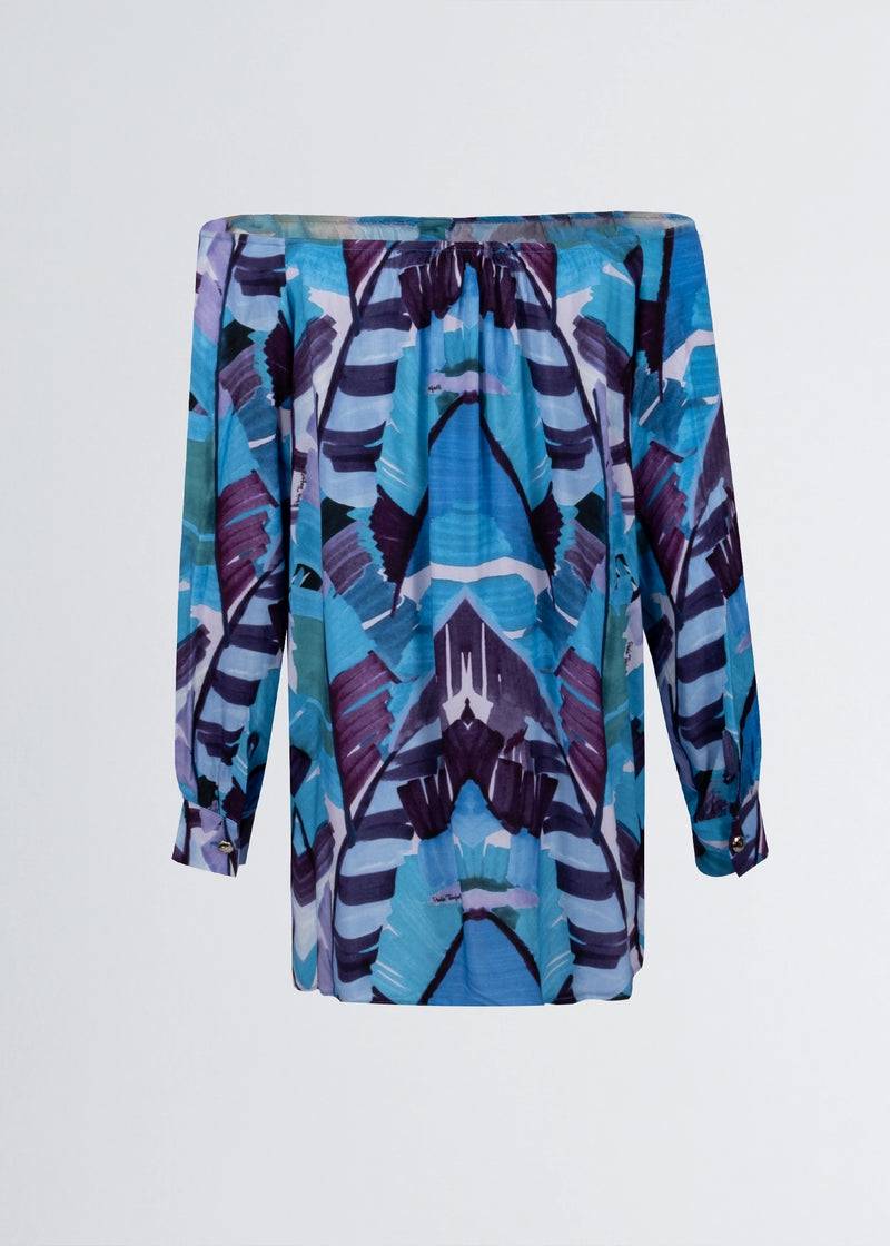 Paola T. Camicia in viscosa stampa Palm Blue 2025