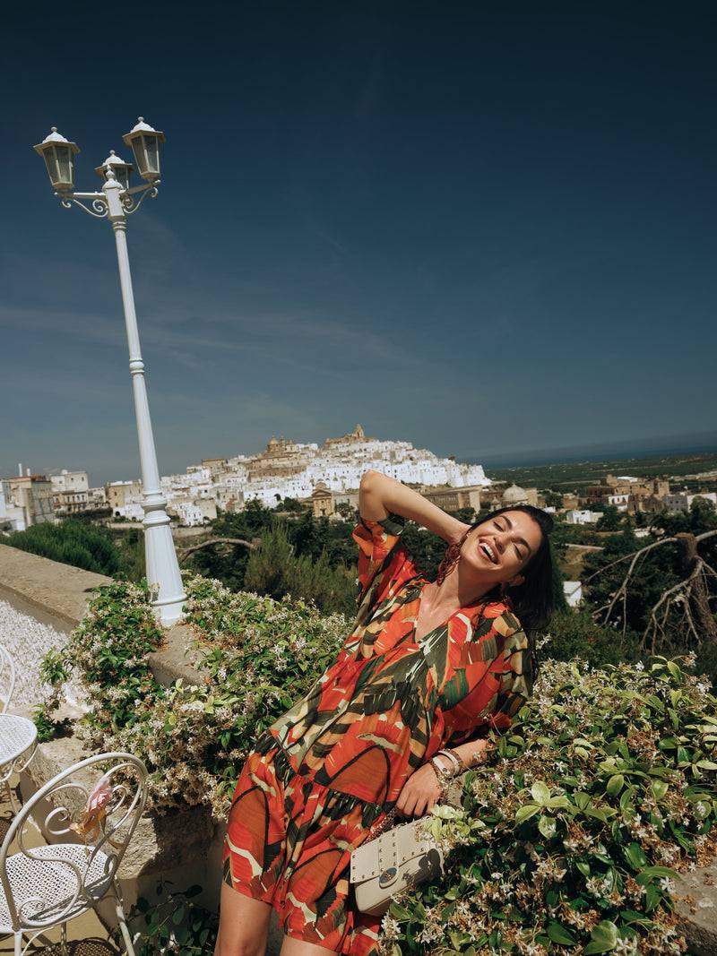Paola T. Abito in viscosa stampa palm Online