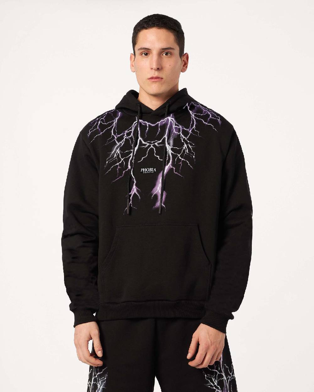 Phobia Archive FELPA CON CAPPUCCIO NERA CON FULMINI VIOLA GRIGIO FUCHSIA Online