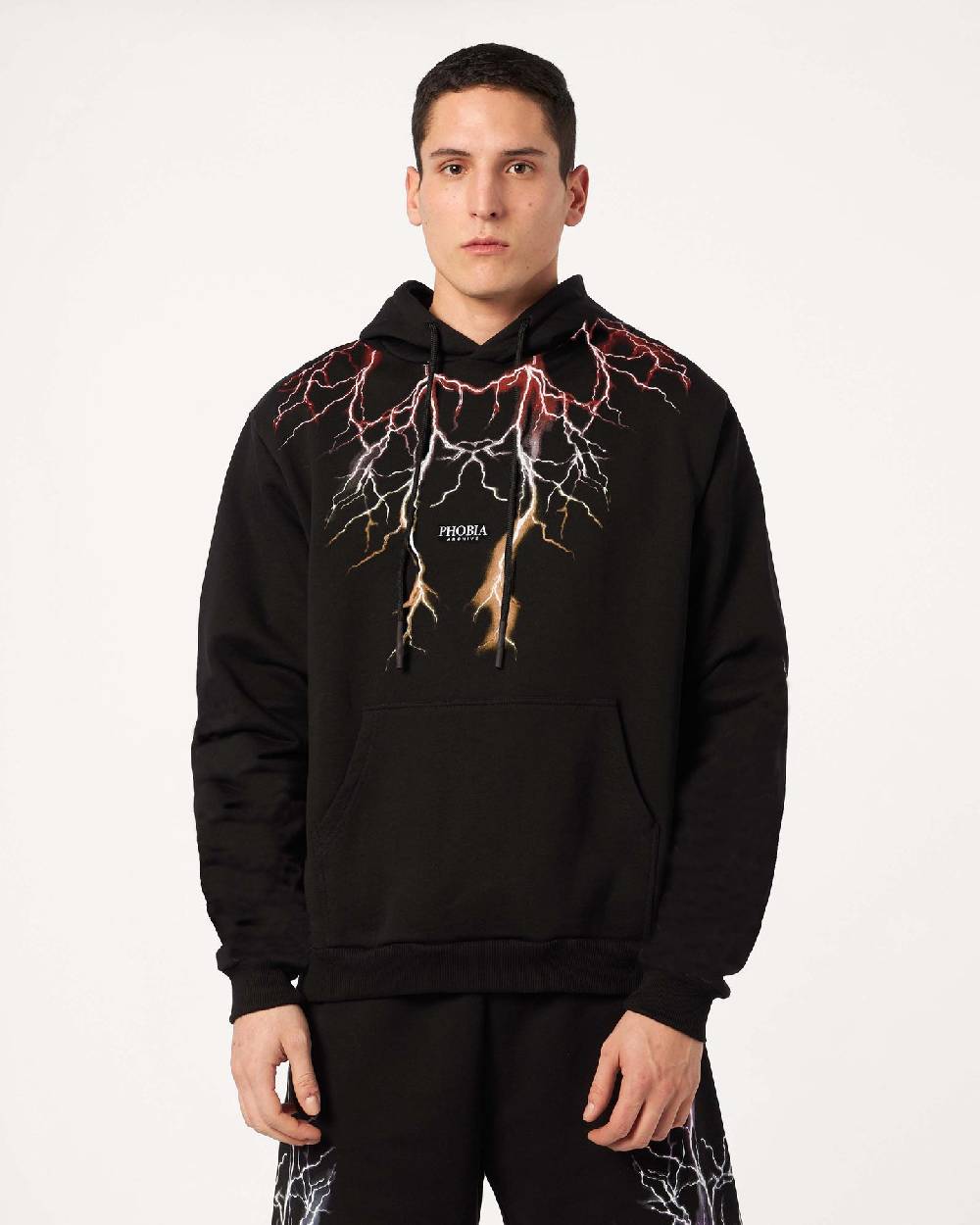 Phobia Archive FELPA CON CAPPUCCIO NERA CON FULMINI ROSSO GRIGIO ARANCIONI Outlet