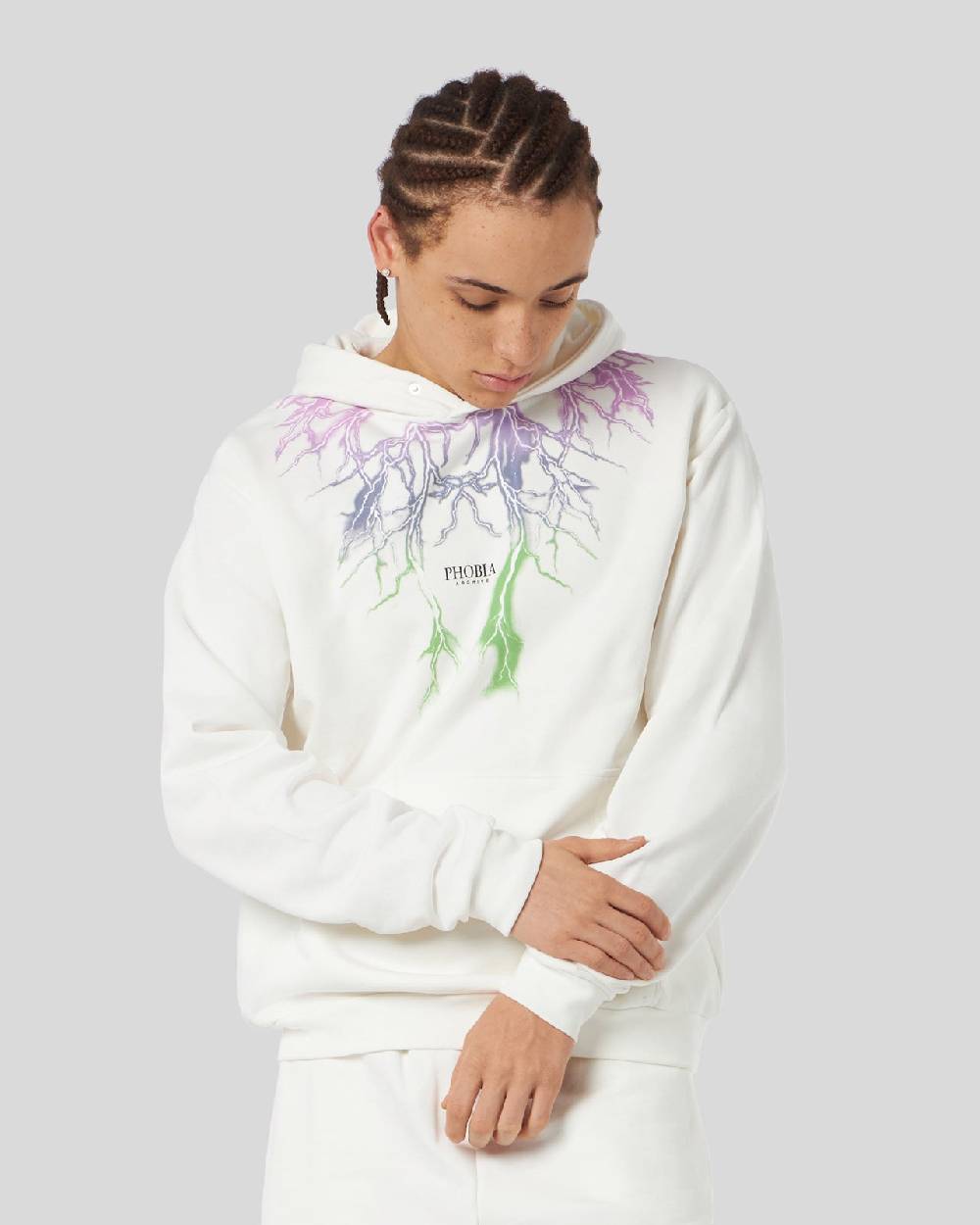 Phobia Archive FELPA BIANCA CON FULMINI BICOLORE VIOLA E VERDE Offerta Anniversario