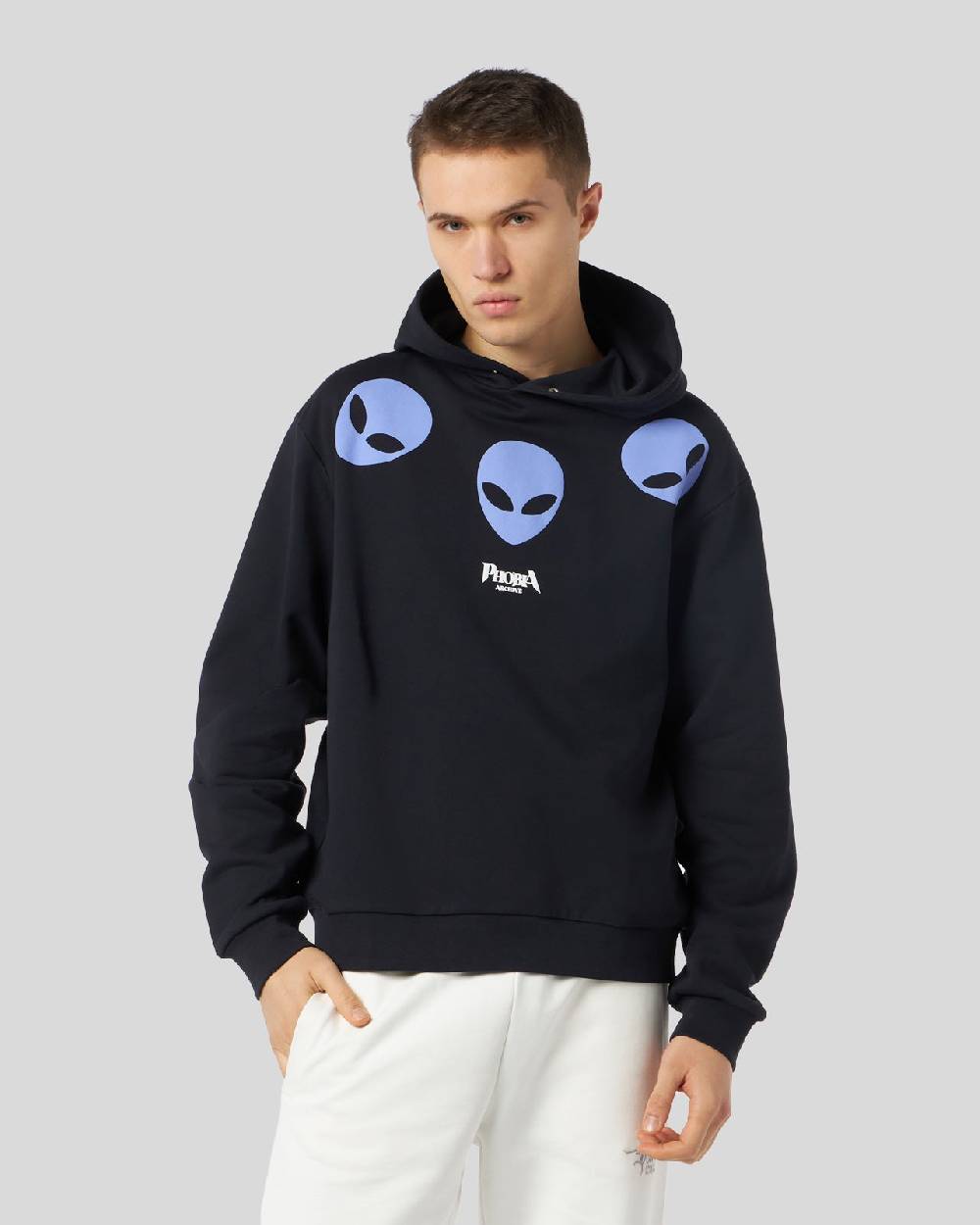 Phobia Archive FELPA CON CAPPUCCIO NERA CON STAMPA TRIPLE ALIEN VIOLA Nuova