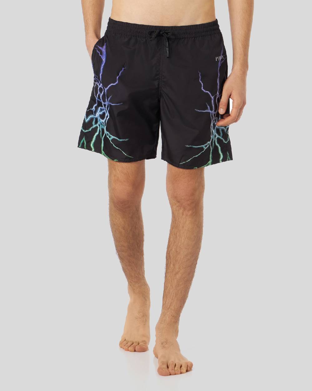 Phobia Archive COSTUME DA BAGNO NERO CON FULMINI BICOLORE VIOLA E VERDE Soddisfazione Garantita