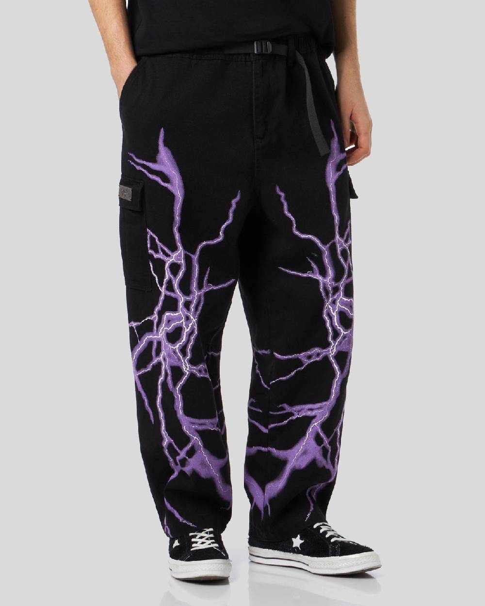 Phobia Archive PANTALONE CARGO NERO CON FULMINE LATERALE VIOLA Qualità Garantita