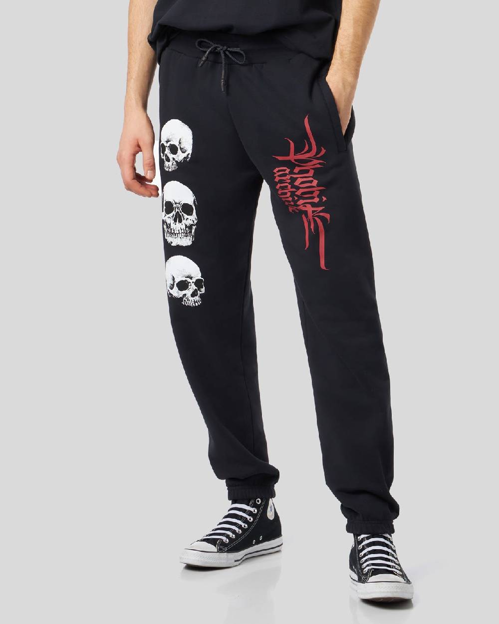 Phobia Archive PANTALONE NERO CON STAMPA TRIPLE SKULL ROSSA Shopping Online