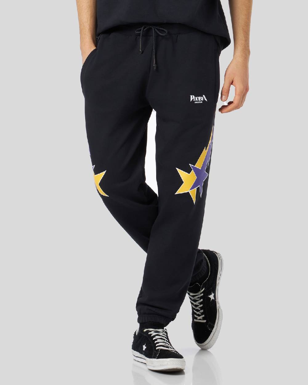 Phobia Archive PANTALONE NERO CON STAMPA STARRY LIGHTNING GIALLA E VIOLA Novità