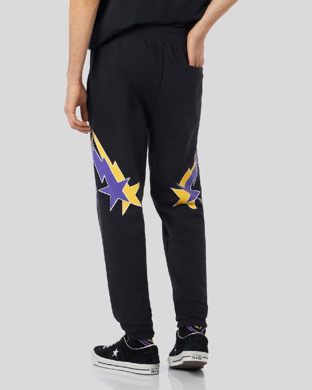 Phobia Archive PANTALONE NERO CON STAMPA STARRY LIGHTNING GIALLA E VIOLA Novità