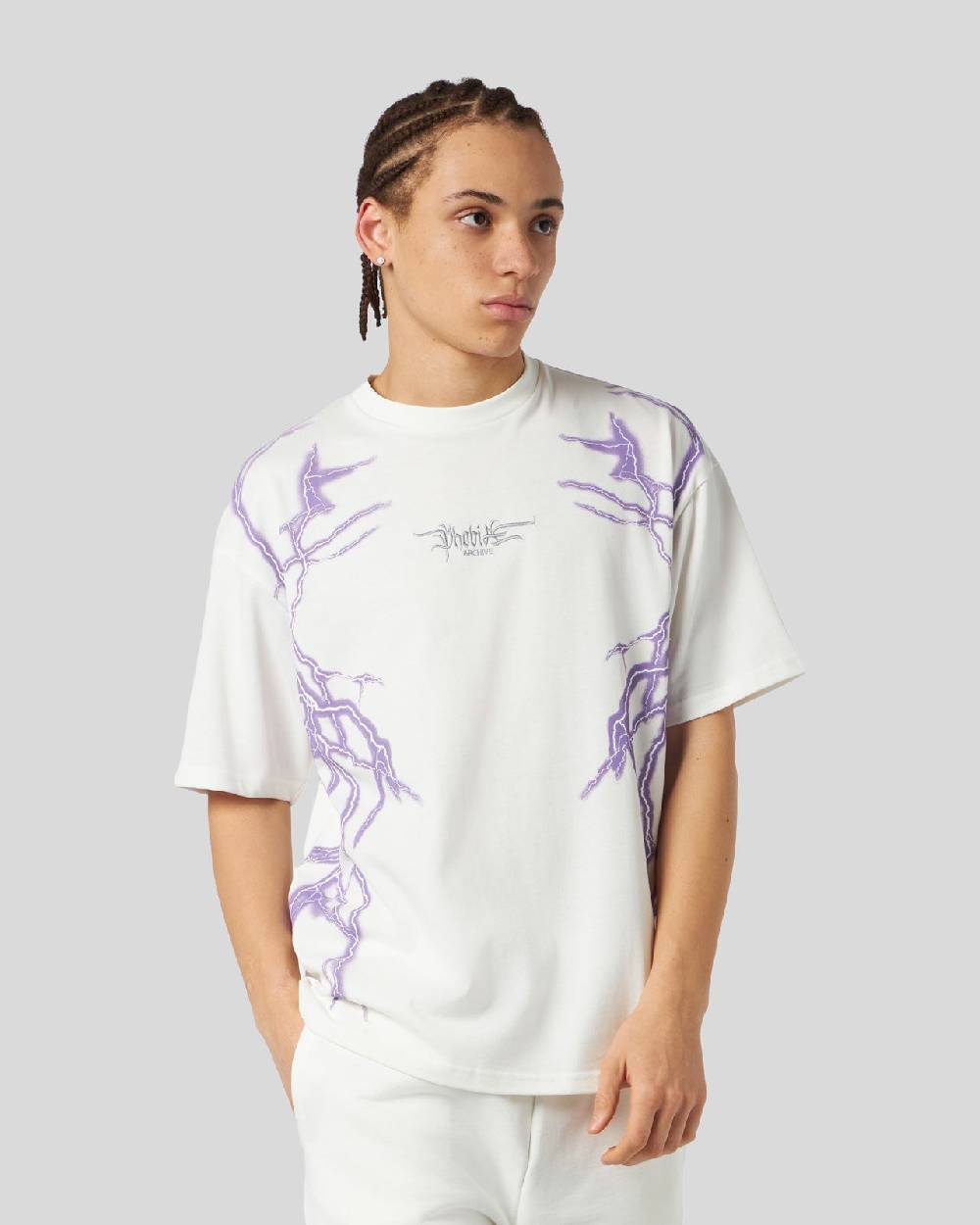 Phobia Archive T-SHIRT BIANCA CON FULMINE LATERALE VIOLA Sconto