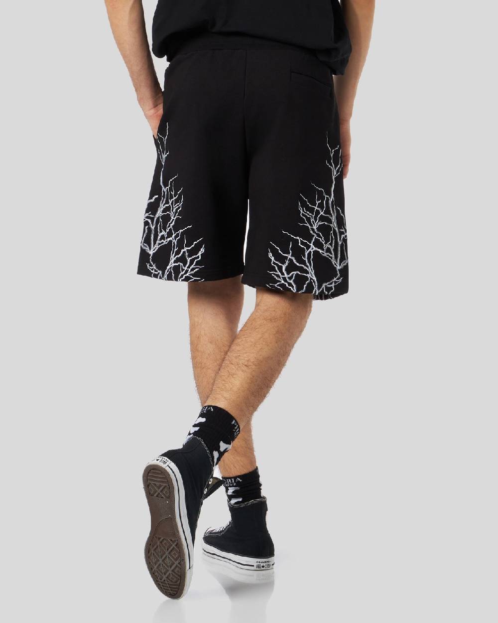 Phobia Archive PANTALONCINI NERI CON FULMINI RICAMATI GRIGI Outlet