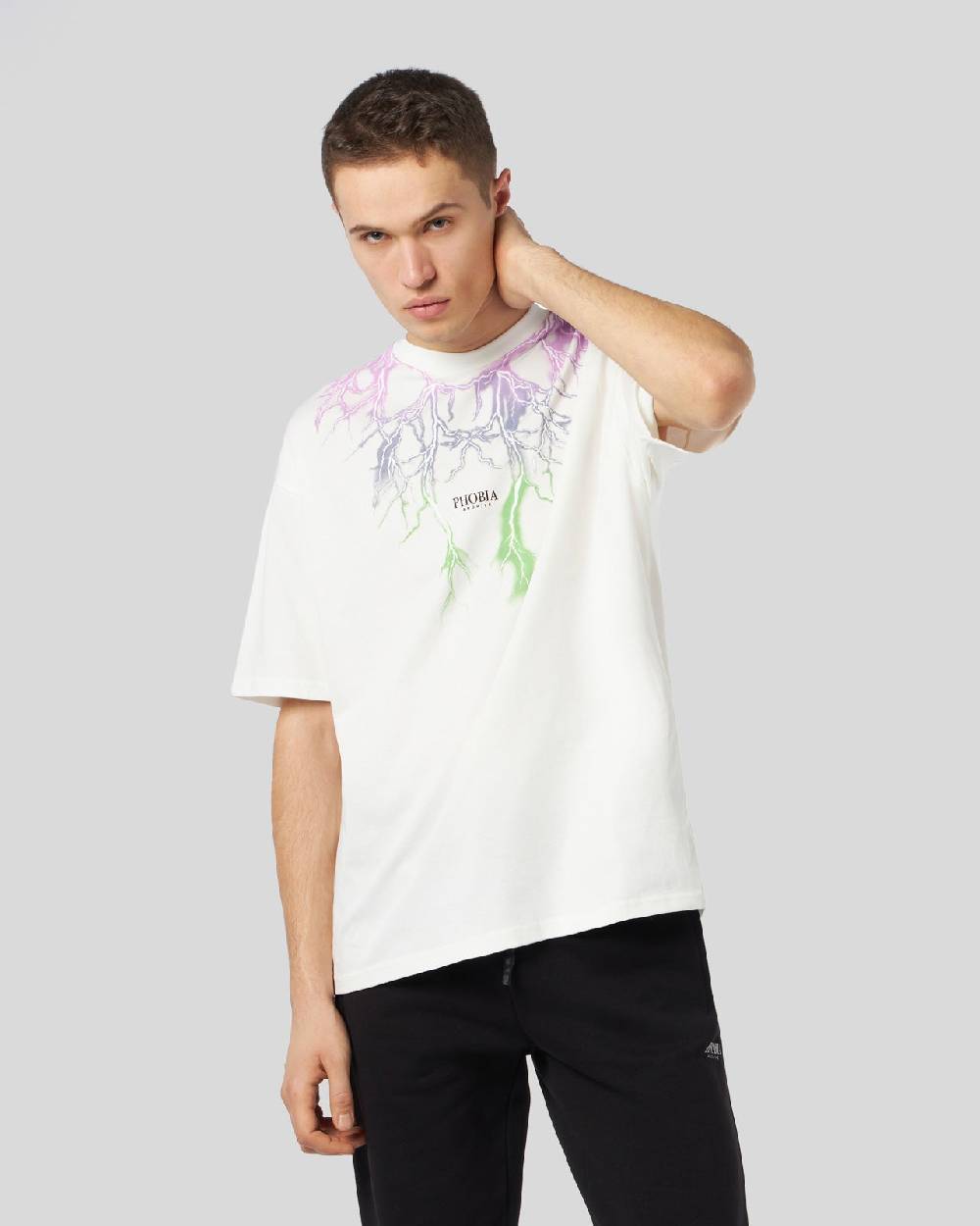 Phobia Archive T-SHIRT BIANCA CON FULMINI BICOLORE VIOLA E VERDE Enormi risparmi