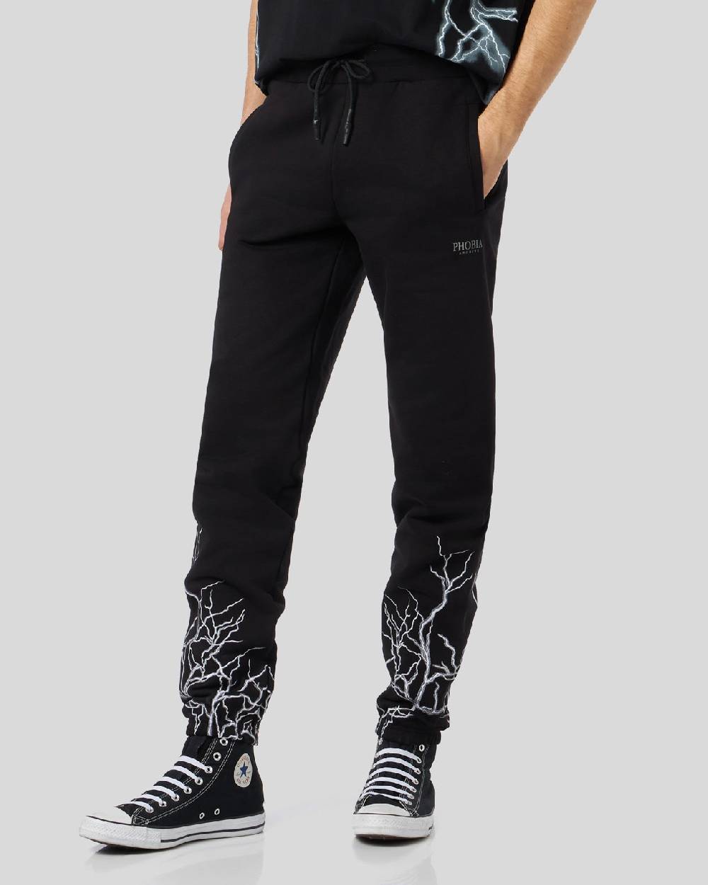 Phobia Archive PANTALONE NERO CON FULMINI RICAMATI GRIGI Nuovo