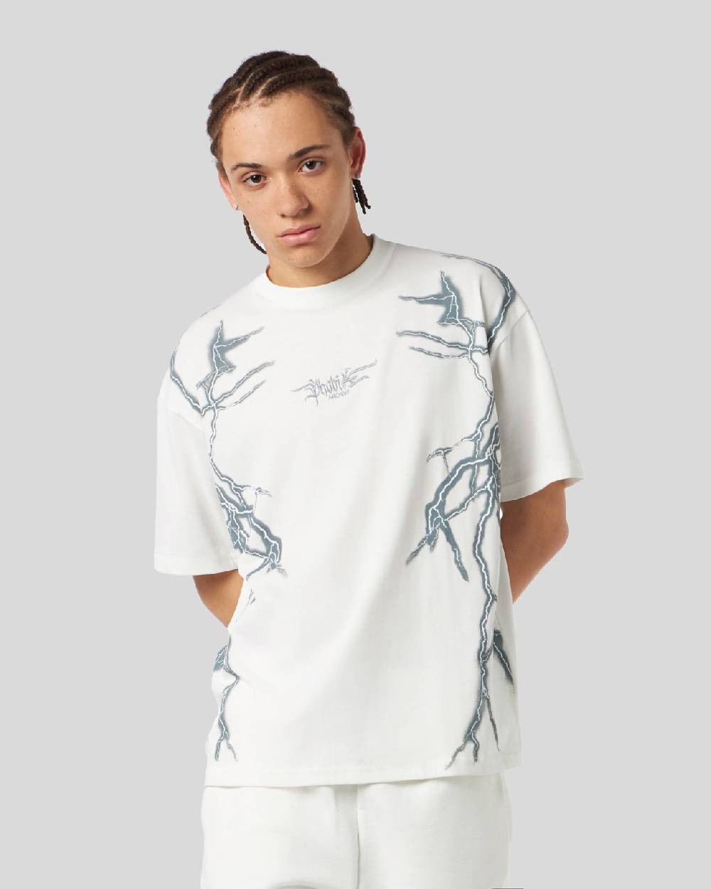 Phobia Archive T-SHIRT BIANCA CON FULMINI LATERALI GRIGI Spedizione Gratuita
