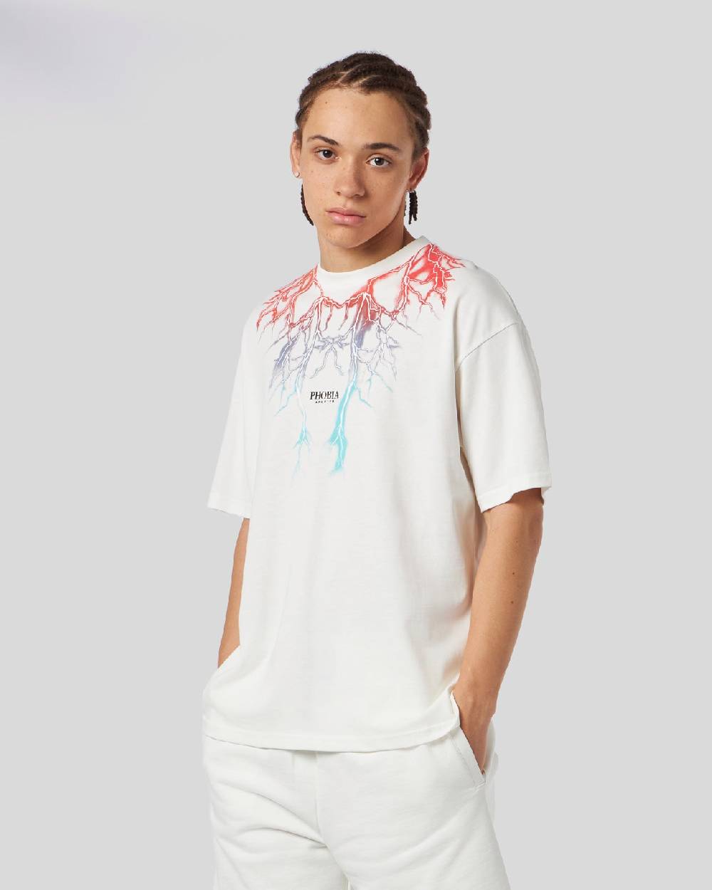 Phobia Archive T-SHIRT BIANCA CON FULMINI BICOLORE ROSSO E BLU Pezzi Unici