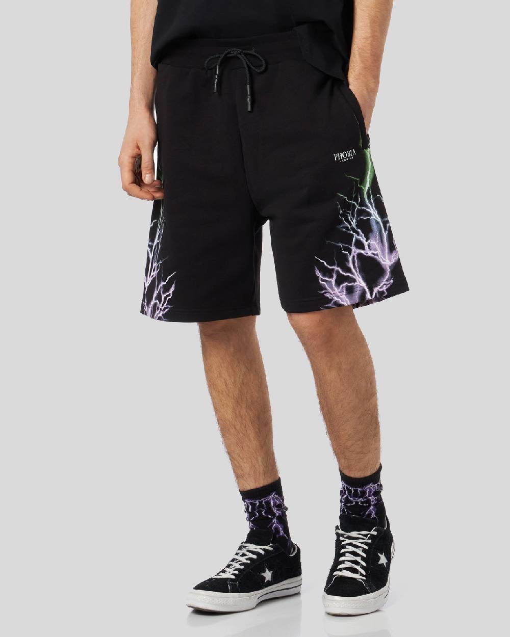 Phobia Archive PANTALONCINO NERO CON FULMINI BICOLORE VIOLA E VERDE Soddisfazione Garantita