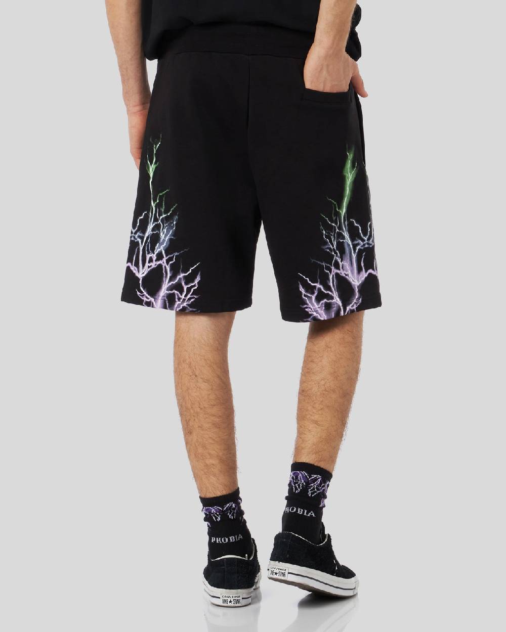 Phobia Archive PANTALONCINO NERO CON FULMINI BICOLORE VIOLA E VERDE Soddisfazione Garantita