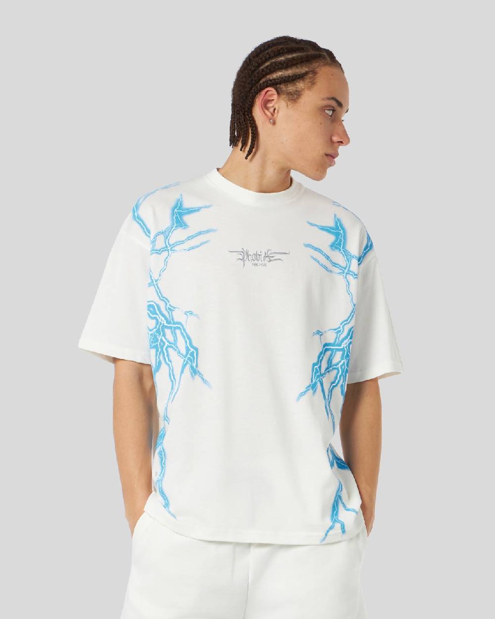 Phobia Archive T-SHIRT BIANCA CON FULMINI LATERALI AZZURRI Qualità Garantita