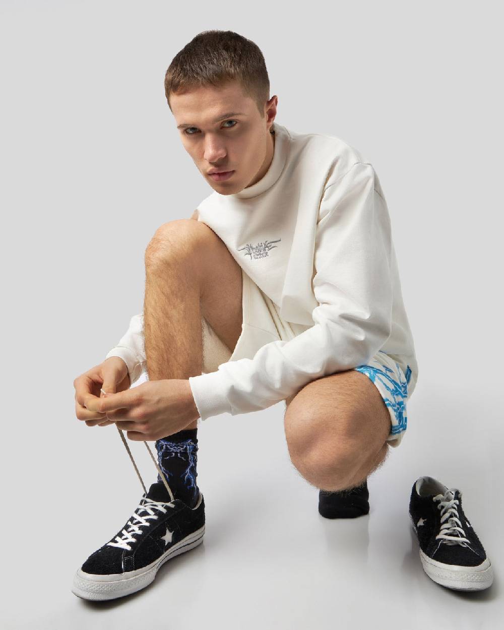 Phobia Archive PANTALONCINO BIANCO CON FULMINI LATERALI AZZURRI Fino Al -60%