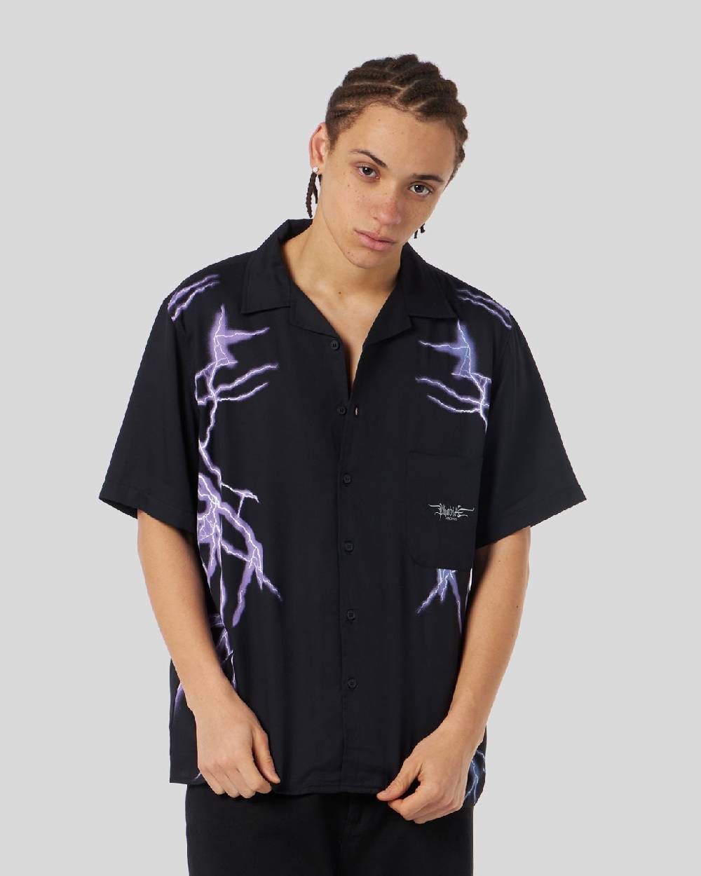 Phobia Archive CAMICIA NERA CON FULMINI LATERALI VIOLA Affare Del Giorno