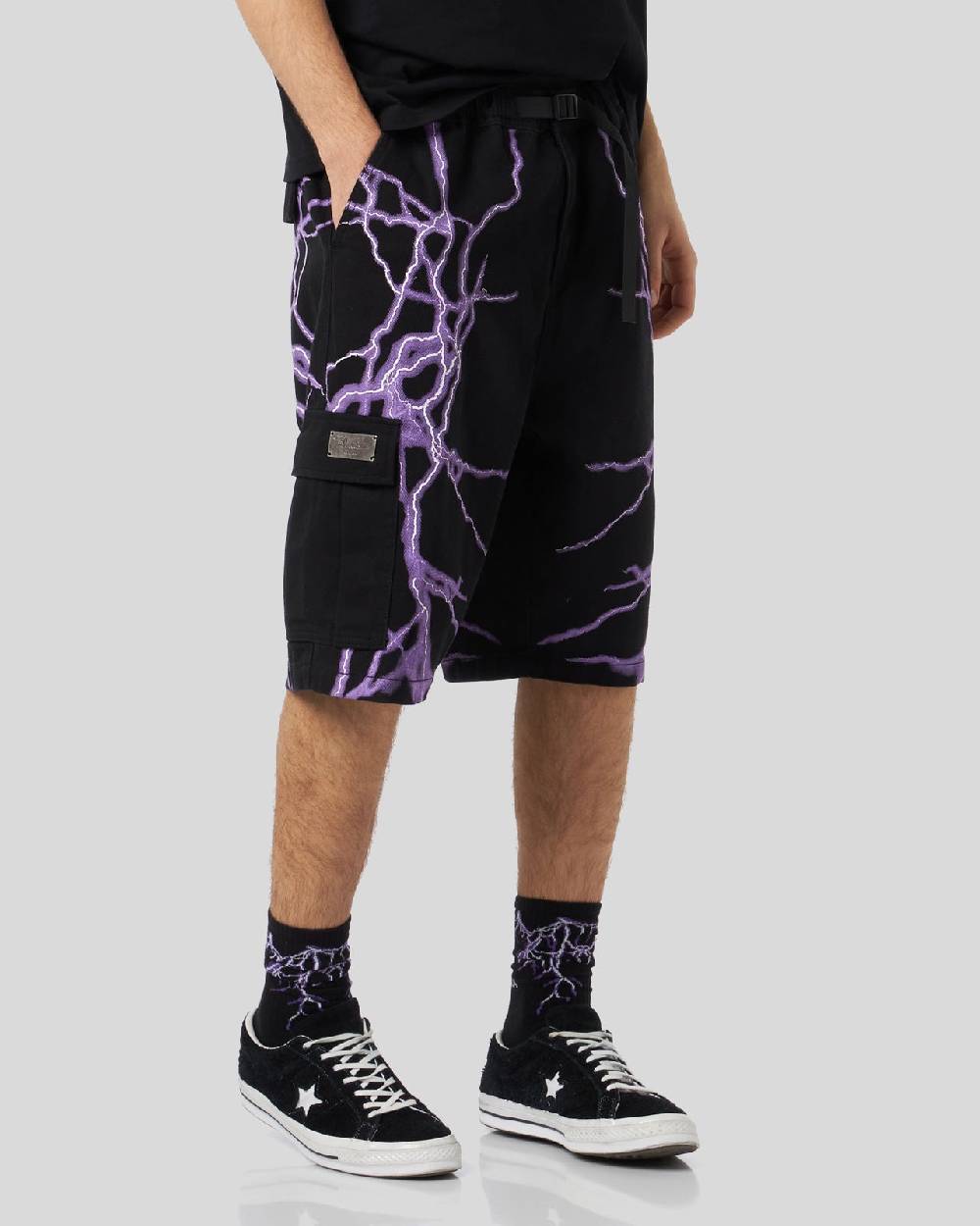 Phobia Archive PANTALONCINO CARGO NERO CON FULMINI LATERALI VIOLA Novità