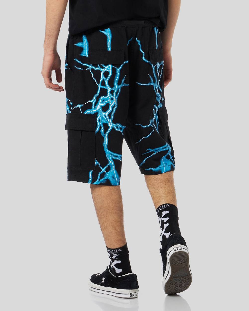 Phobia Archive PANTALONCINO CARGO NERO CON FULMINI LATERALI AZZURRI Presa