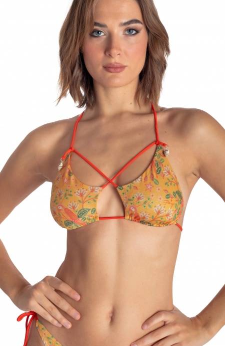 Pin Up Stars TOP BIKINI TRIANGOLO IMBOTTITO CON CONCHIGLIE STAMPA FLOWER BIRD Spedizione Gratuita