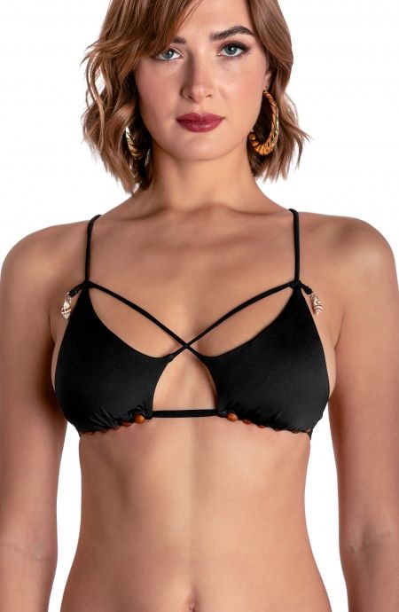 Pin Up Stars TOP BIKINI TRIANGOLO IMBOTTITO CON PERLE E CONCHIGLIE TINTA UNITA Offerte