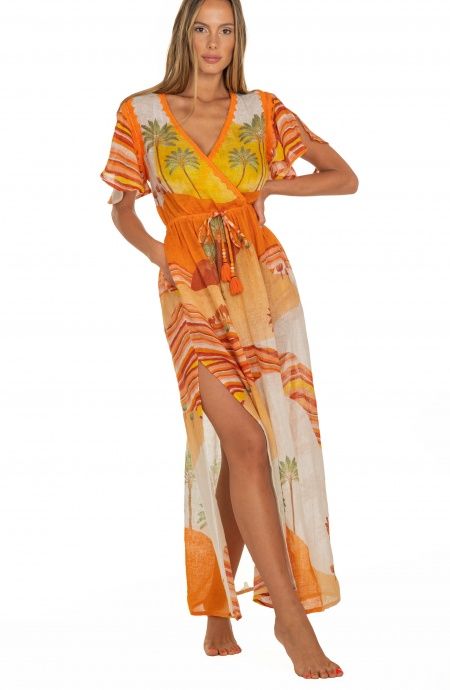 Pin Up Stars Long Dress Scollo a V In Garza Stampa Dune Saldi Di Fabbrica