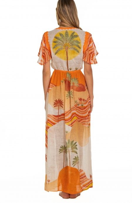 Pin Up Stars Long Dress Scollo a V In Garza Stampa Dune Saldi Di Fabbrica