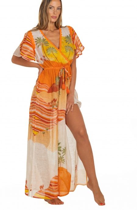 Pin Up Stars Long Dress Scollo a V In Garza Stampa Dune Saldi Di Fabbrica
