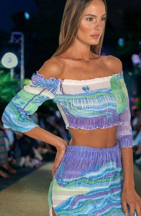 Pin Up Stars Top Goffrato Maniche Campana Stampa Dune Offerte stagionali