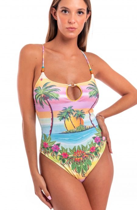 Pin Up Stars Costume Intero Tessuto Costina Stampa Hawaii Novità